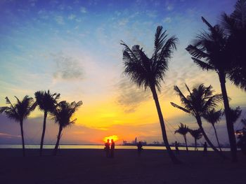 Silhouette palm trees on beach against sky during sunset