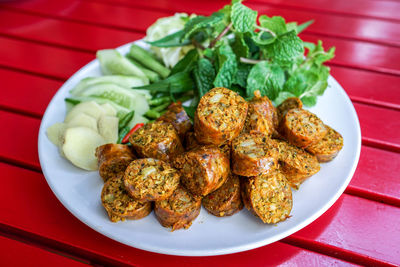 High angle view of food in plate on table