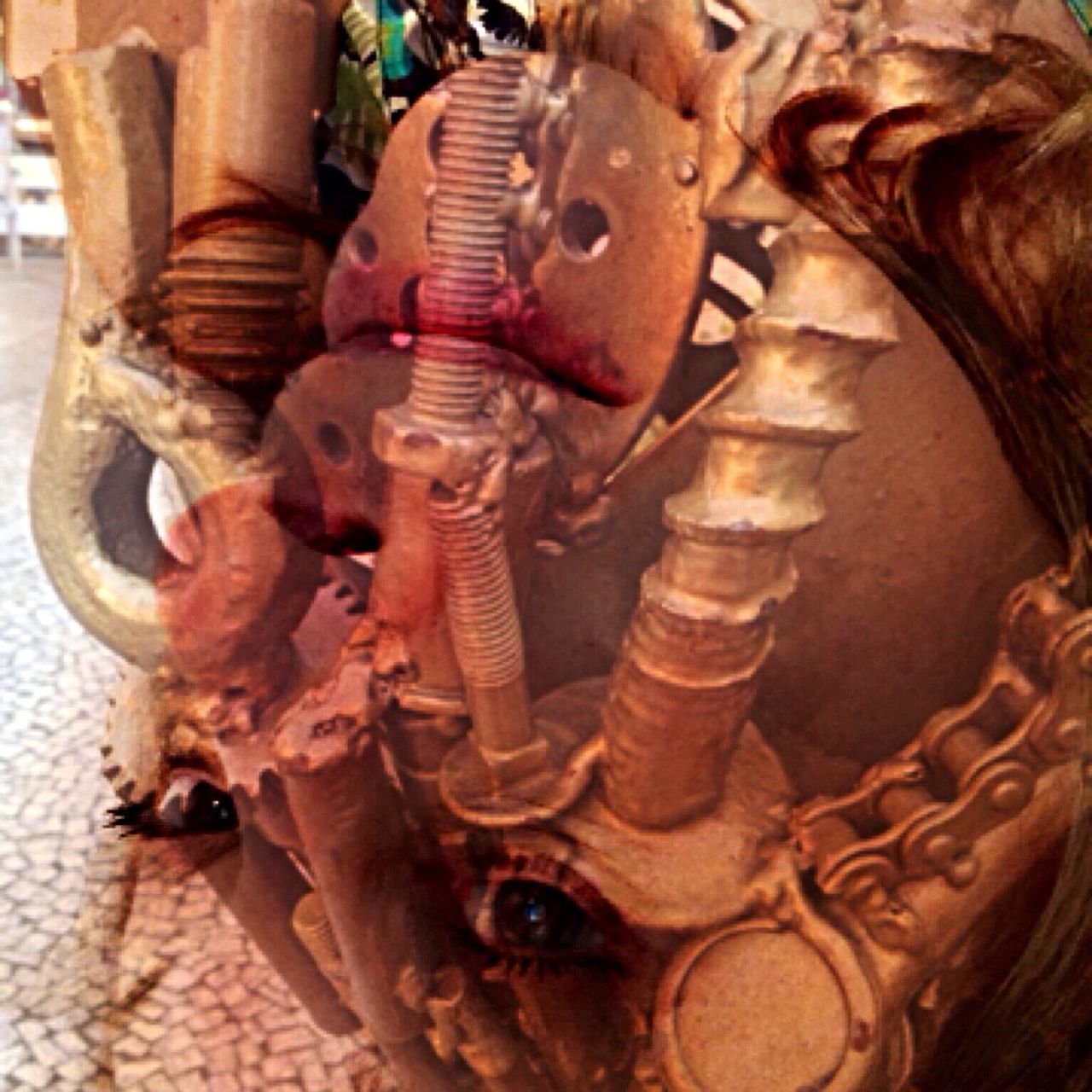 close-up, indoors, still life, metal, high angle view, no people, focus on foreground, animal representation, rusty, metallic, work tool, wood - material, day, cultures, old, machine part, tradition, dead animal, brown