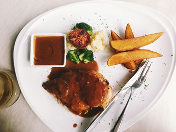 High angle view of breakfast served on table