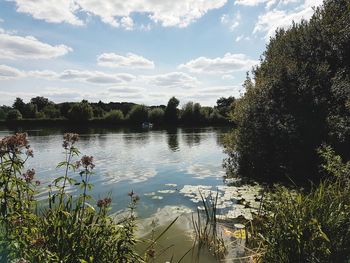 Scenic view of lake against cloudy sky