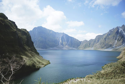 Scenic view of lake against cloudy sky