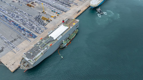 High angle view of boats in sea