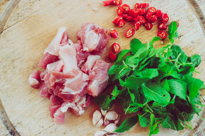 High angle view of chopped fruits on table