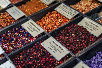 High angle view of food for sale at market stall