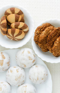 High angle view of cookies in plate on table