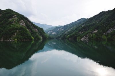 Reflection of mountains on calm lake against sky