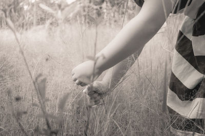 Close-up of hand on field