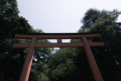 Low angle view of cross against trees in forest