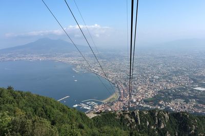 High angle view of city by sea against sky