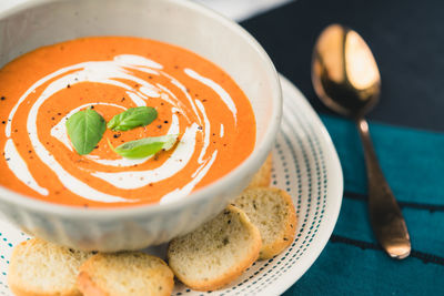 High angle view of soup in bowl on table