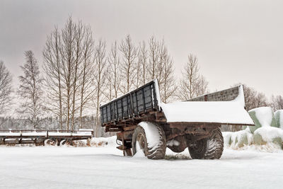 Horse cart on snow field against sky