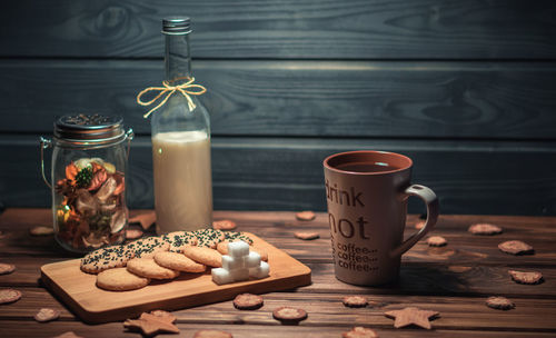 Close-up of cookies in jar on table