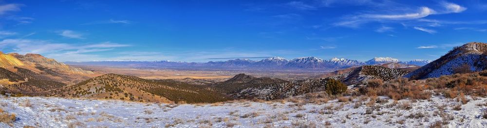 Scenic view of snowcapped mountains against sky