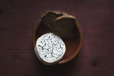 High angle view of bread in bowl on table