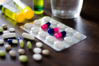 High angle view pills on table