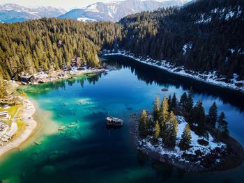 Scenic view of lake in forest during winter