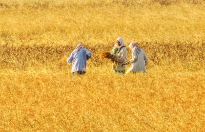 Rear view of people walking on field