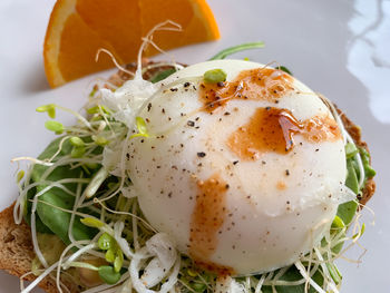 High angle view of breakfast served in plate