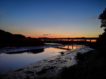 Scenic view of river against clear sky at sunset