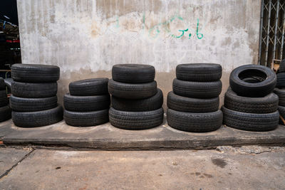 Stack of objects against wall