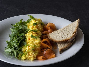 High angle view of breakfast served on table