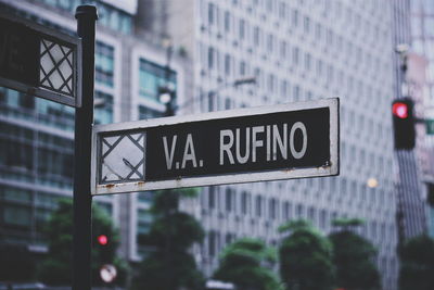 Close-up of road sign against buildings in city