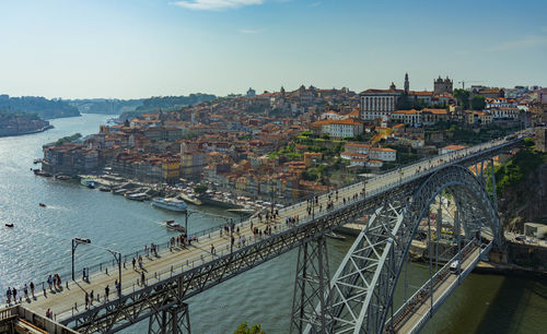 High angle view of bridge over river amidst buildings in city