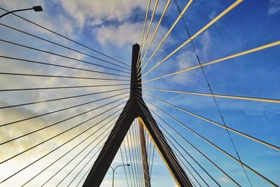 Low angle view of suspension bridge against blue sky