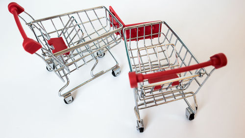Close-up of shopping cart against white background