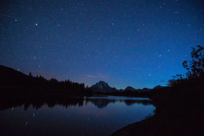 Idyllic shot of trees and mountains reflection in lake against sky