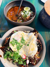 High angle view of breakfast served on table