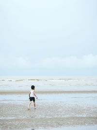 Rear view of man on beach against sky