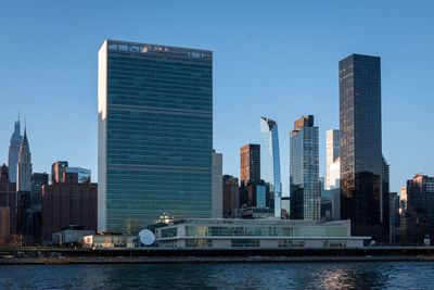 United nations building in new york city at sunset