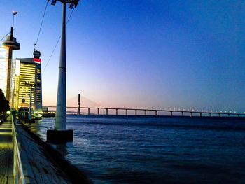 View of suspension bridge in city at sunset