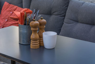 Close-up of chess pieces on table at home