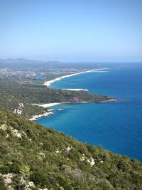 High angle view of bay against clear sky