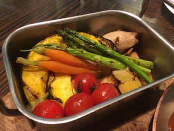 High angle view of vegetables on table