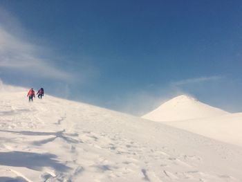 Rear view of men skiing on snowcapped mountains