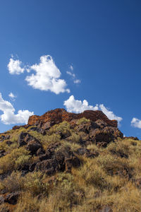 Low angle view of rocky mountain against sky