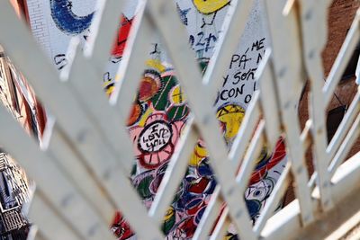 Low angle view of decorations hanging on paper