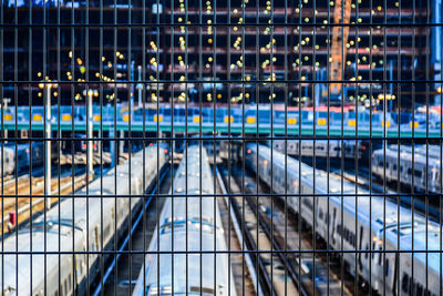 High angle view of trains seen through window