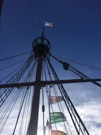 Low angle view of a mast and rigging against clear sky