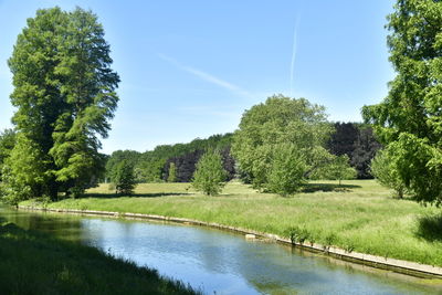 Scenic view of river by trees against sky