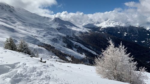Scenic view of snowcapped mountains against sky