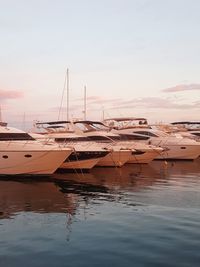 Sailboats moored in harbor at sunset