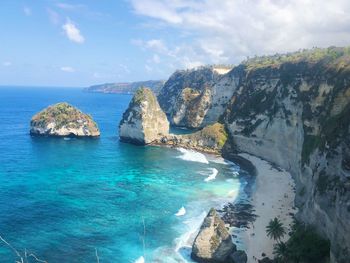 Panoramic view of sea and rocks against sky