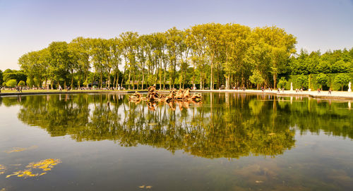 Trees reflected in the lake at versailles palace, paris, france