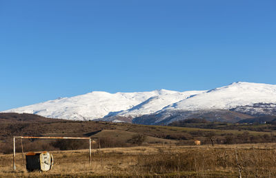 Scenic view of snowcapped mountains against clear sky