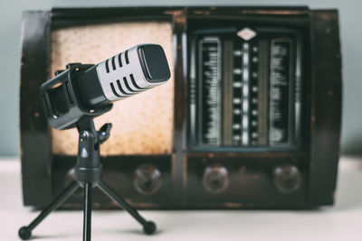 Close-up of microphone against white background